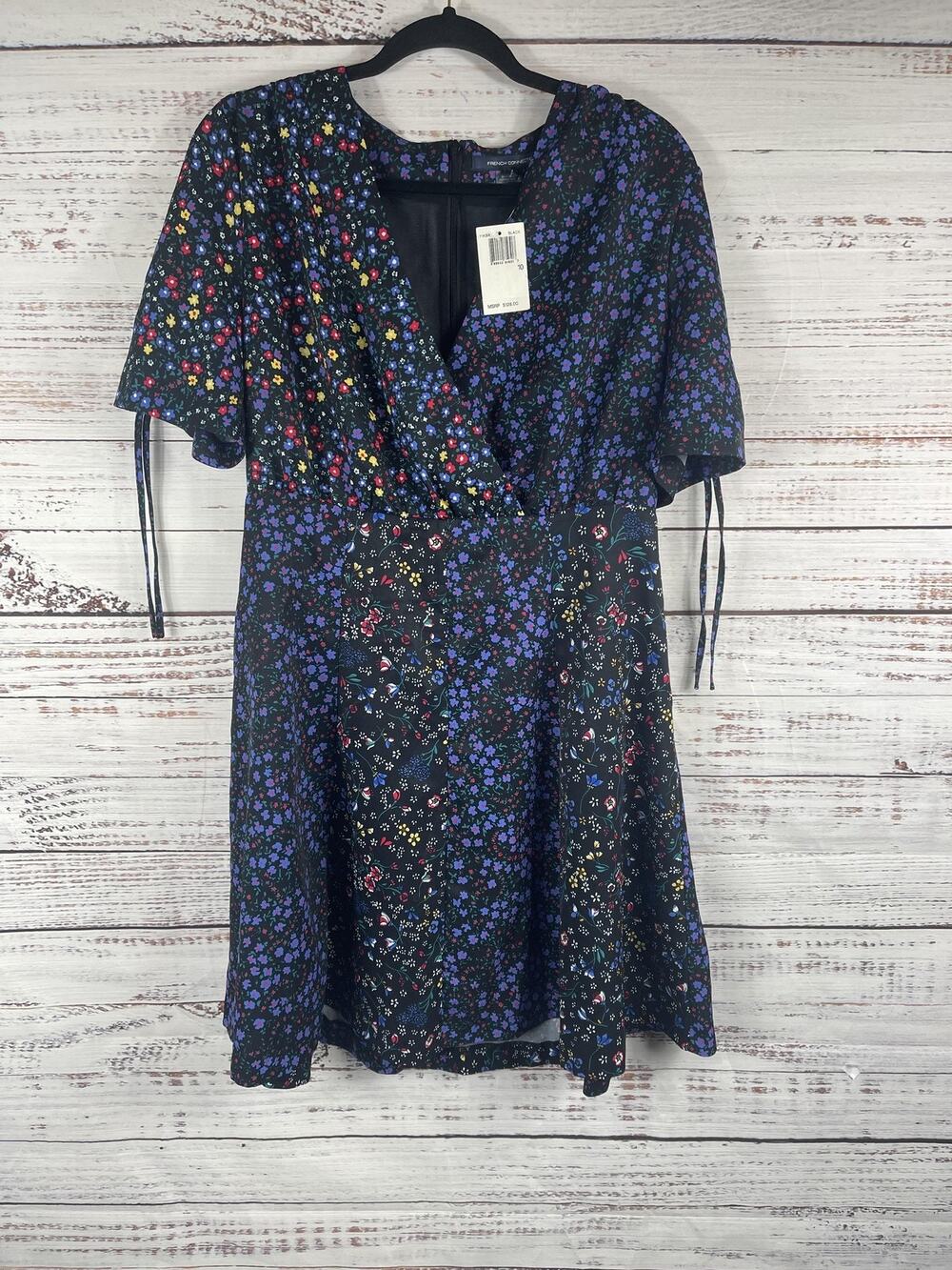 French Connection Dress Women's 10 Black Floral Wrap Short Sleeve A-Line 71KBR